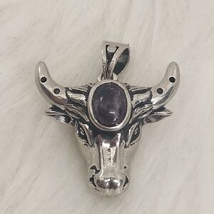 Amethyst Bull Skull Pendant | Gothic Western Silver Tone Statement Necklace